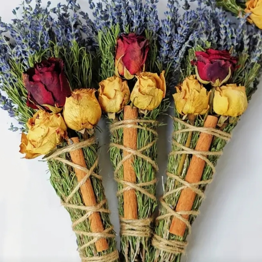 Smudge Kit of Lavander, Rosemary, Cinnamon, with Red and Yellow Roses. 1 Bundle